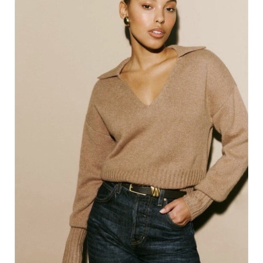 Reformation Beckie Cashmere Collared V Neck Sweater in Panko Camel Beige Tan
